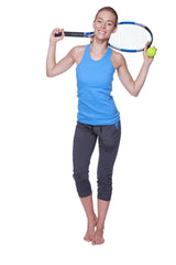 Blue tennis racket with black handle and white strings shown with women’s all-american racerback tank top ice blue