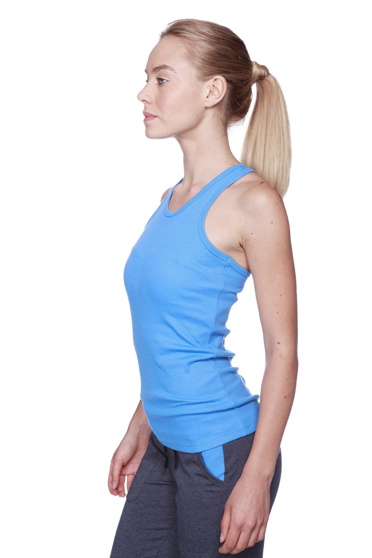 Women’s All-American racerback tank top in vibrant ice blue ribbed fabric with scoop neckline and side seam detail