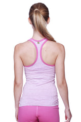 Women’s all-american racerback tank top in pink and white stripes with berry piping and a snug athletic fit