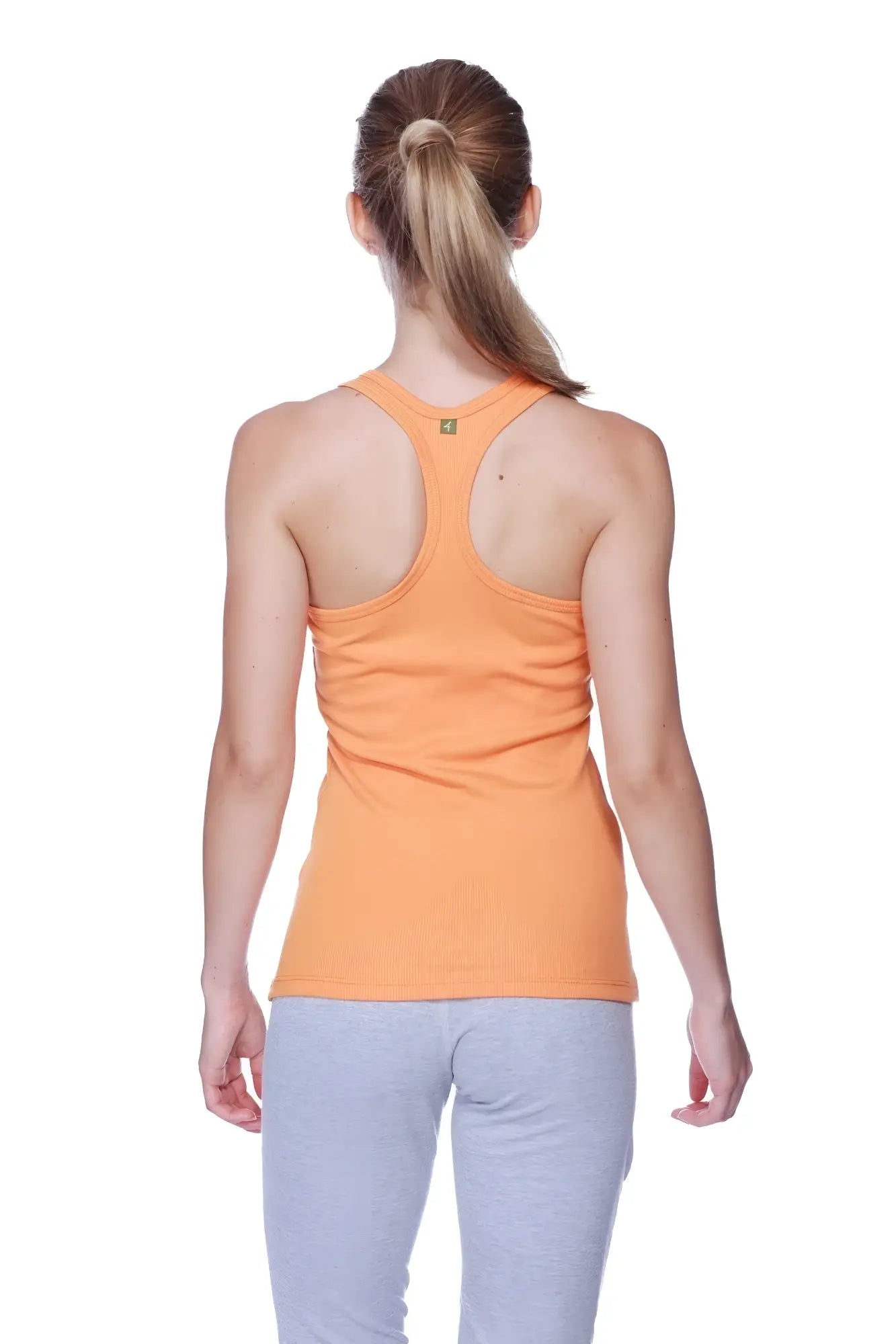 Back view of women’s all-american racerback tank top in sun orange with ribbed texture and small upper back logo
