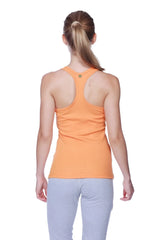 Back view of women’s all-american racerback tank top in sun orange with ribbed texture and small upper back logo