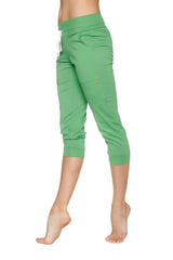 Women’s bamboo green cuffed jogger yoga pants with white drawstring waistband and elastic cuffs in capri length