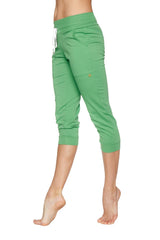 Women’s bamboo green cuffed jogger yoga pants with white drawstring waistband and elastic cuffs in capri length