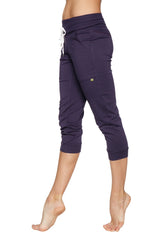 Women’s eggplant cuffed jogger yoga pants with white drawstring waistband and elastic cuffs in purple