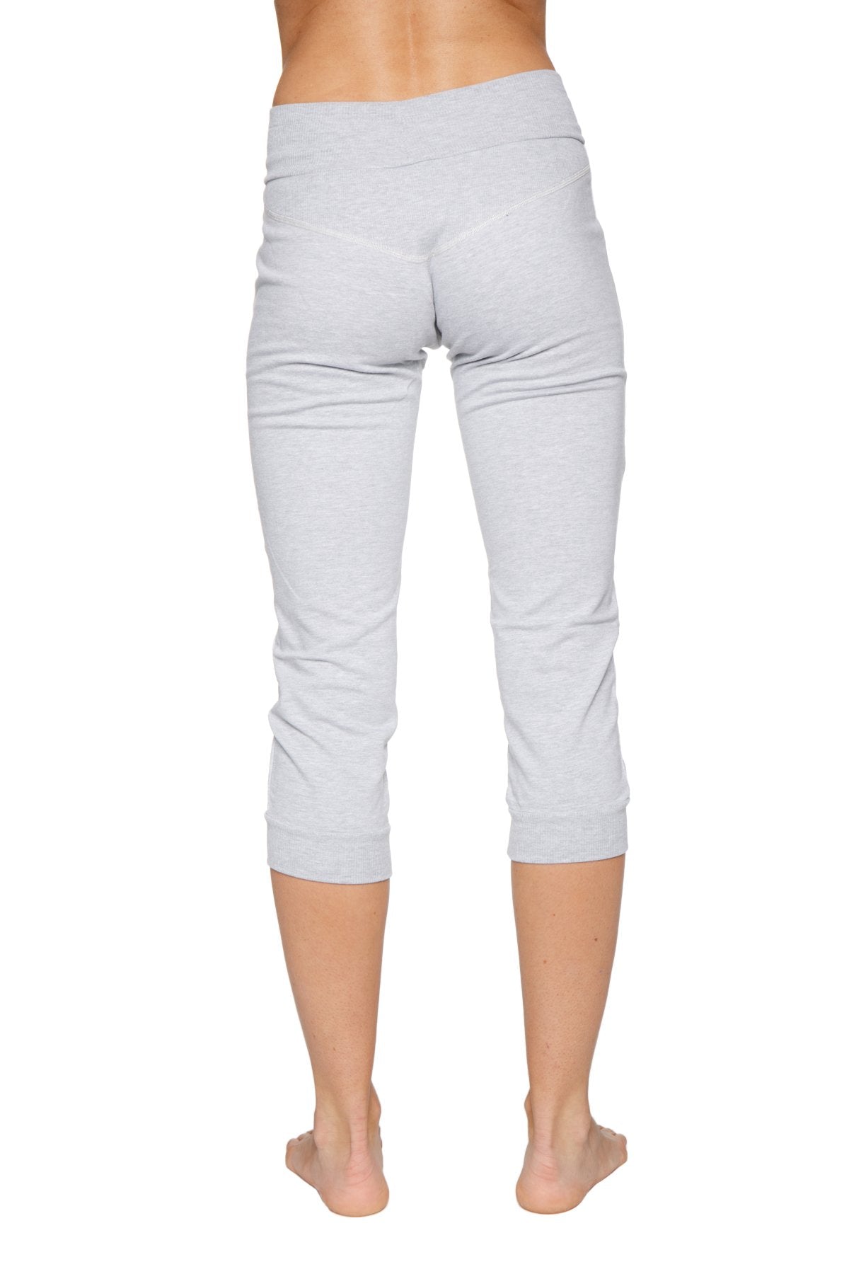 Light gray cuffed jogger yoga pants with soft stretchy fabric and elastic waistband for women