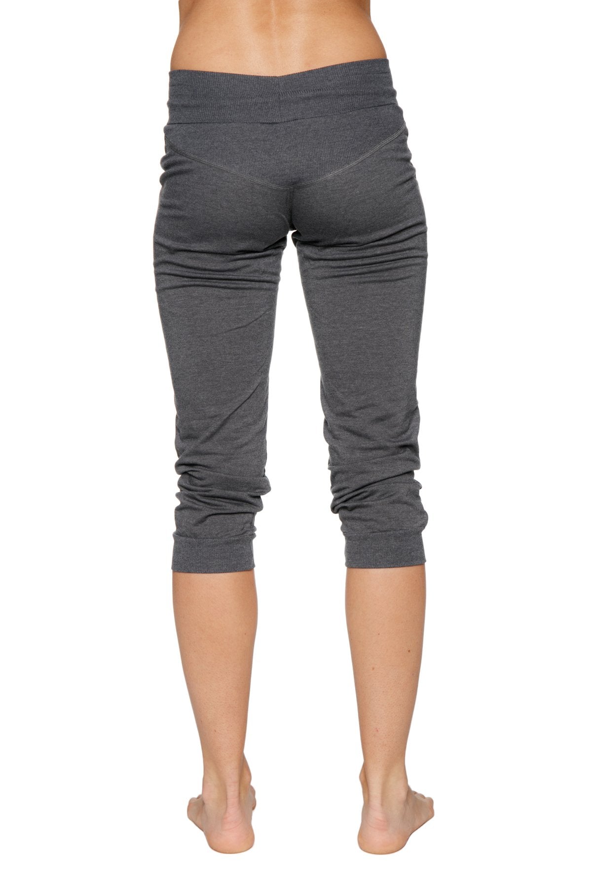 Women’s cuffed jogger yoga pant in solid charcoal gray with stretchy fabric ribbed waistband and rolled cuffs