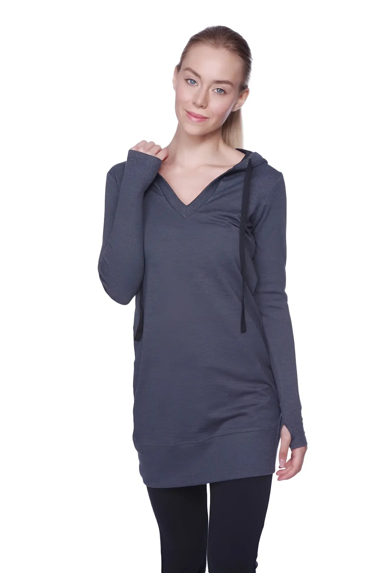 A dark gray long-sleeved hooded tunic with v-neck and drawstring in charcoal with black detailing