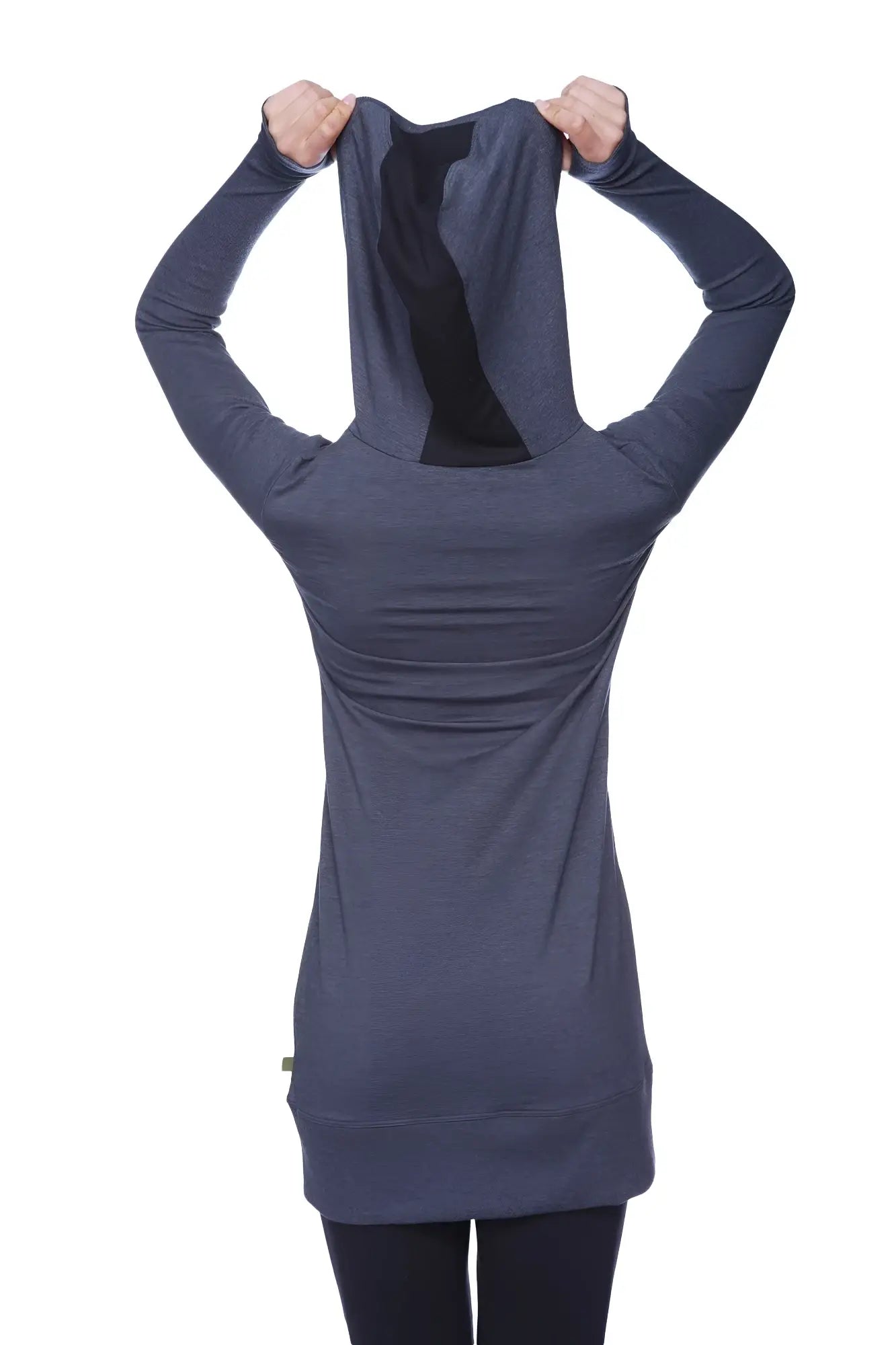 Back view of a dark gray long-sleeved hooded tunic with black inner lining and subtle ruching for women