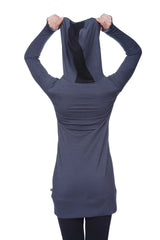 Back view of a dark gray long-sleeved hooded tunic with black inner lining and subtle ruching for women