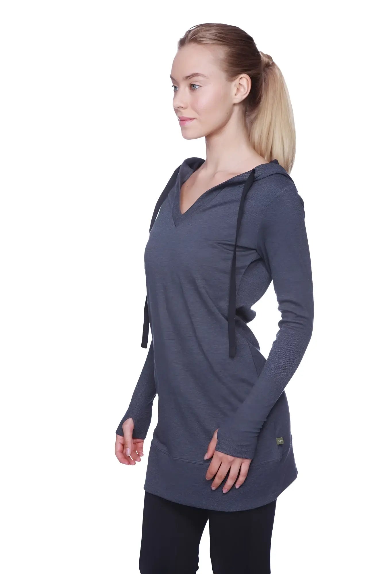 Women’s long body hoodie top in charcoal with black drawstrings features a v-neckline and long sleeves