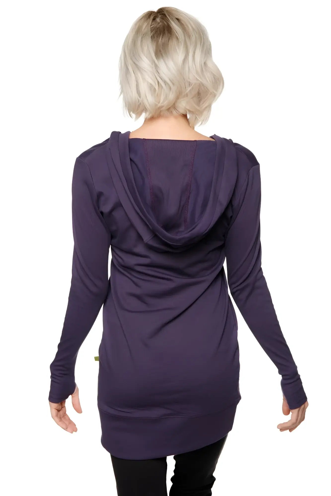 Women’s long body hoodie top in eggplant purple with a relaxed draped silhouette and long sleeves