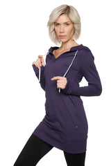Women’s long body hoodie top in eggplant purple with white drawstrings and front pocket made from soft fabric