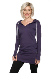 Women’s long body hoodie top in eggplant purple with white drawstrings and v-neckline long sleeves