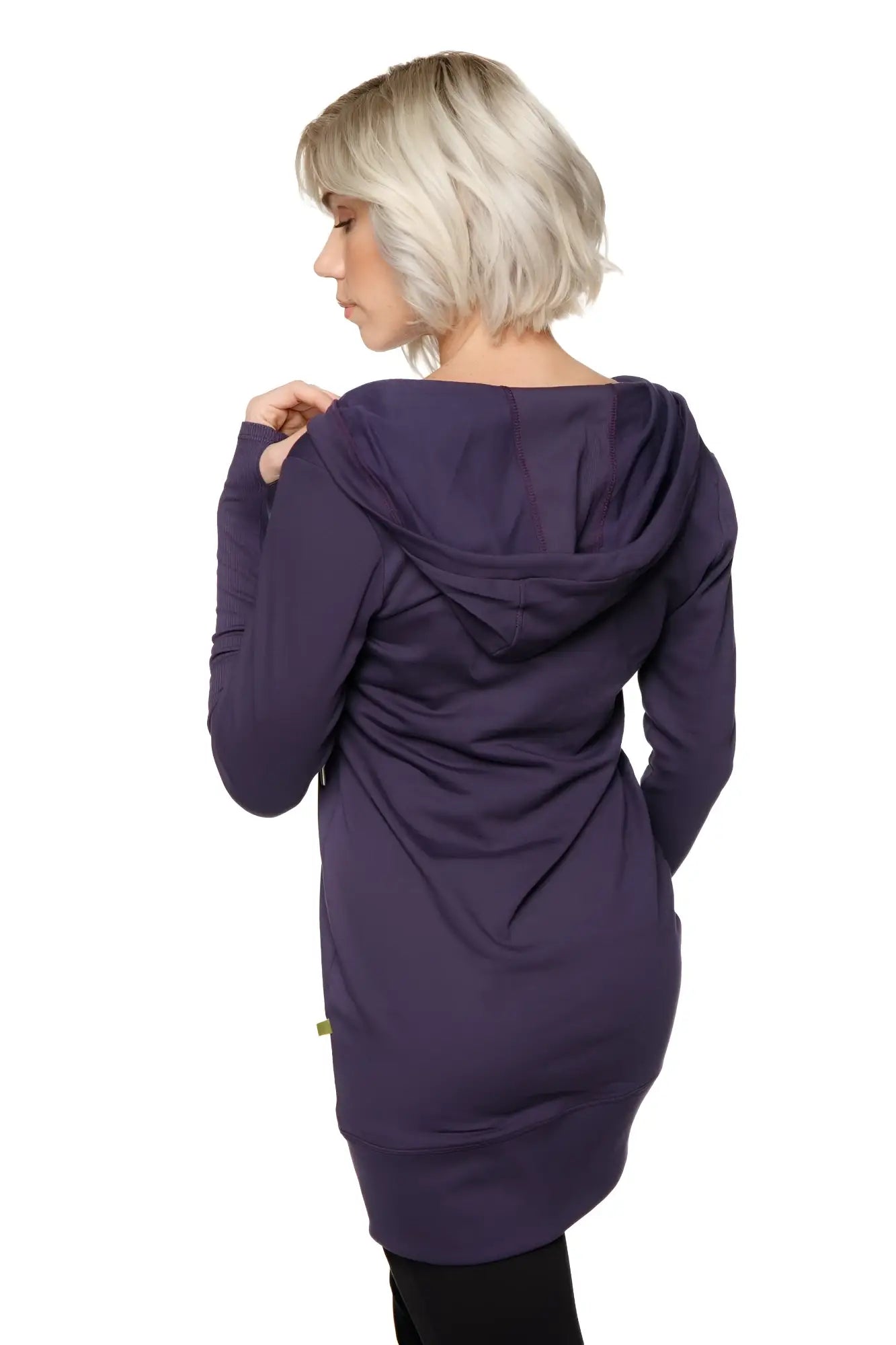 A soft deep purple hooded long sleeve tunic with a relaxed fit and subtle draping fabric for women