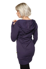 A soft deep purple hooded long sleeve tunic with a relaxed fit and subtle draping fabric for women