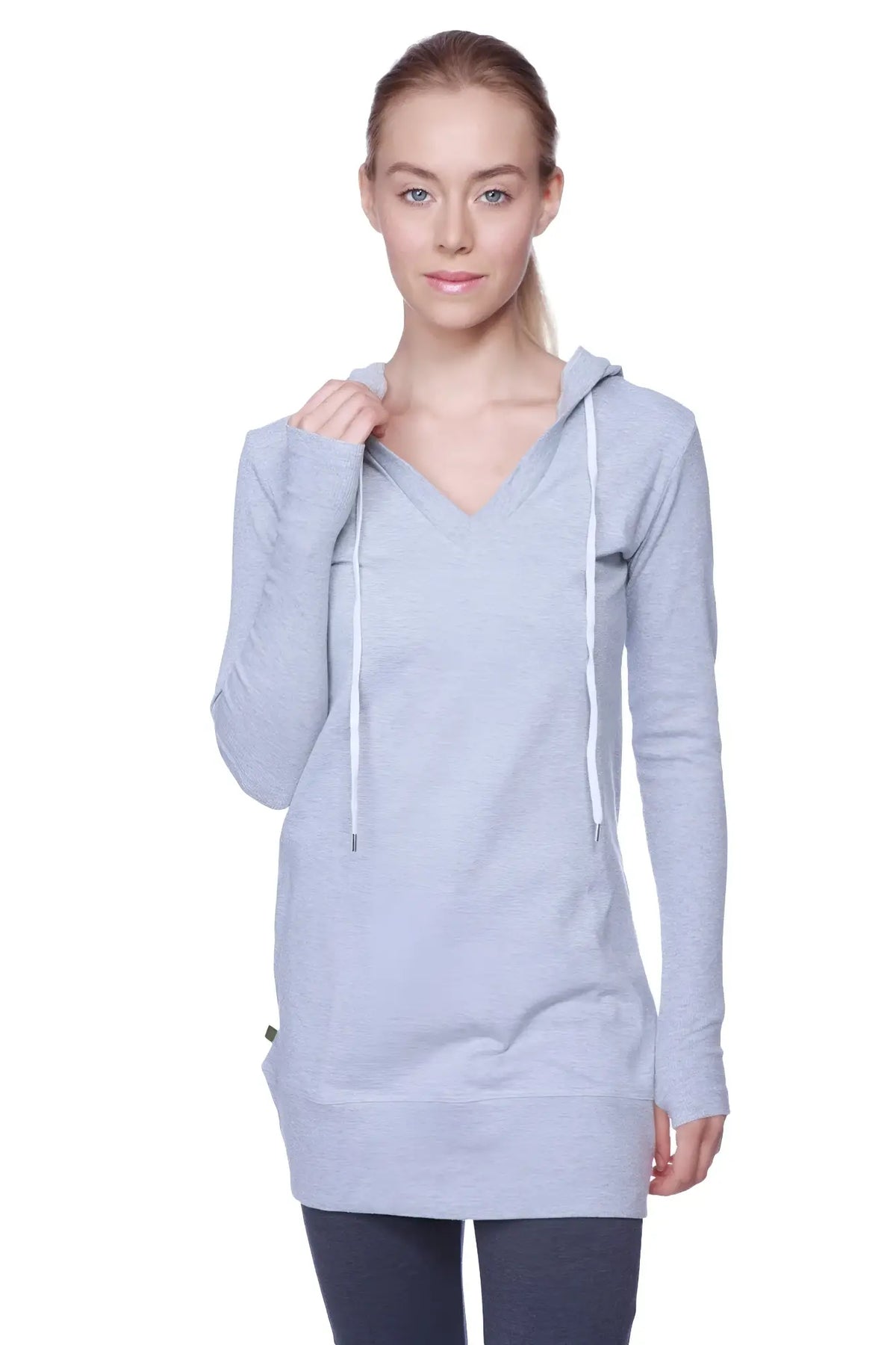Women’s light gray heathered long body hoodie top with v-neck and white drawstrings in soft fabric