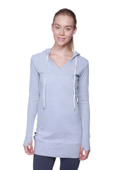 Women’s long body hoodie top in light gray heathered fabric with v-neck and white drawstrings