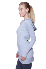 Women’s long body hoodie top in heather grey with charcoal featuring light gray long sleeves white drawstring