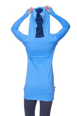 Women’s long body hoodie top in ice blue with royal blue tie design on the back in light cotton fabric