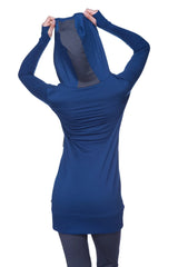 Women’s long body hoodie top royal blue with charcoal gray mesh panel on the back in navy blue long sleeves