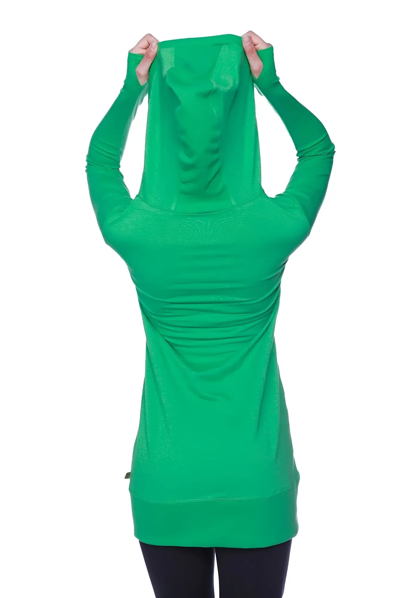 A vibrant solid bamboo green women’s long body hoodie top with fitted silhouette and ribbed cuffs in long sleeves