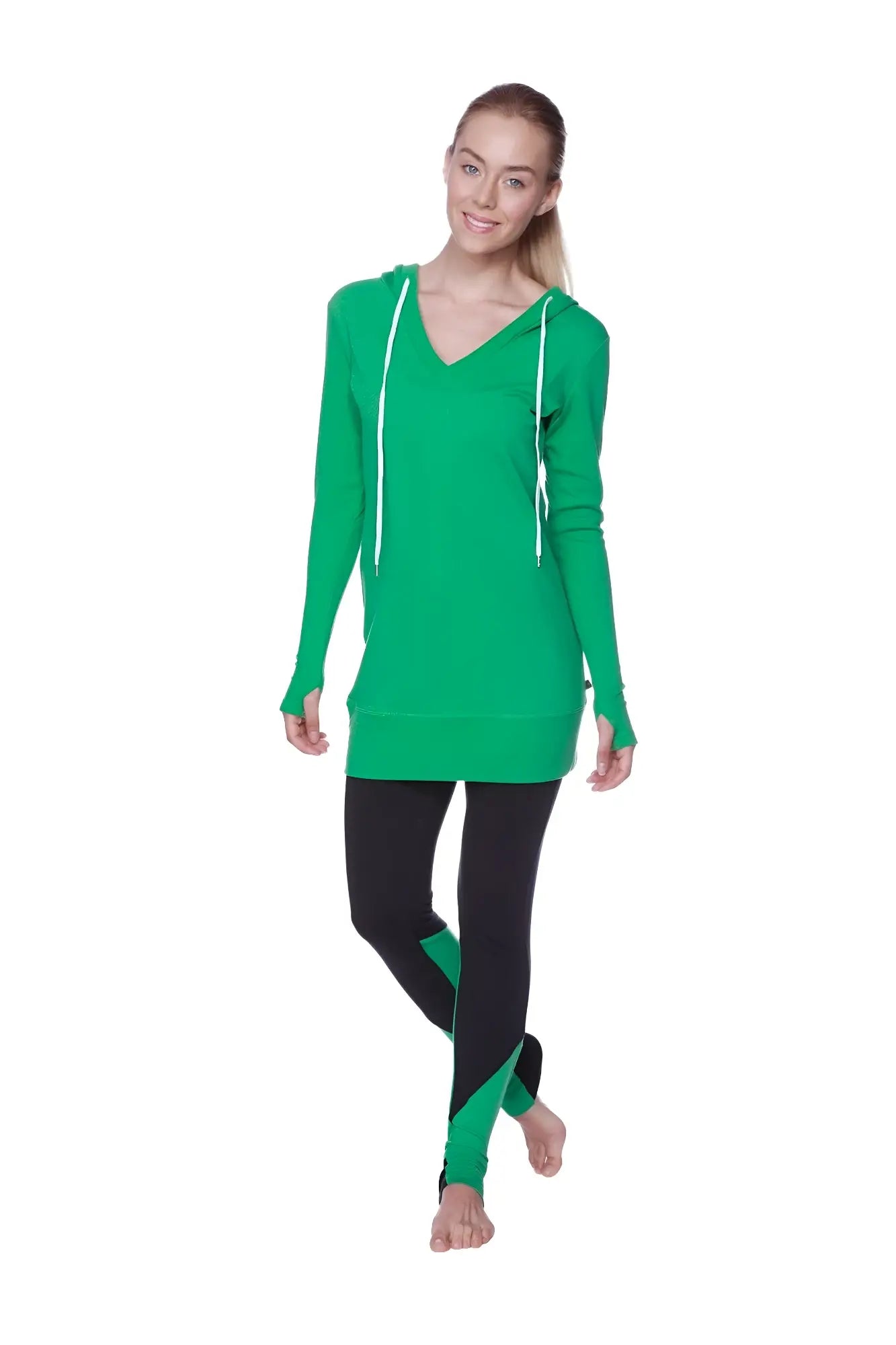 A vibrant green long-sleeved hooded bamboo top with white drawstrings and a v-neckline for women