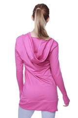 Women’s long body hoodie top in solid berry with vibrant pink color, relaxed fit, ribbed cuffs, and long sleeves