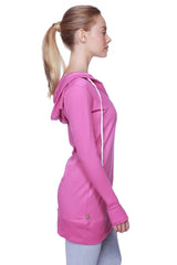 A vibrant pink long-sleeved hooded top with white drawstrings and a subtle brand tag at the hem for women