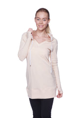 Beige long-sleeved hooded top with white drawstrings and v-neckline in solid sand camel beige for women