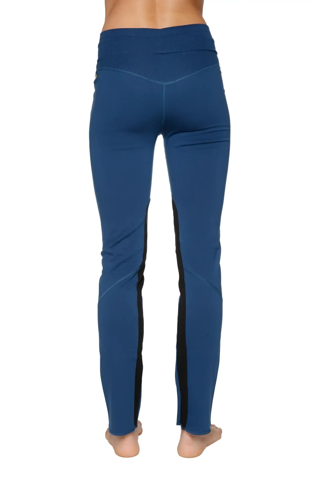 Women’s organic boyfriend yoga training pant with blue high-waisted leggings and black side panels