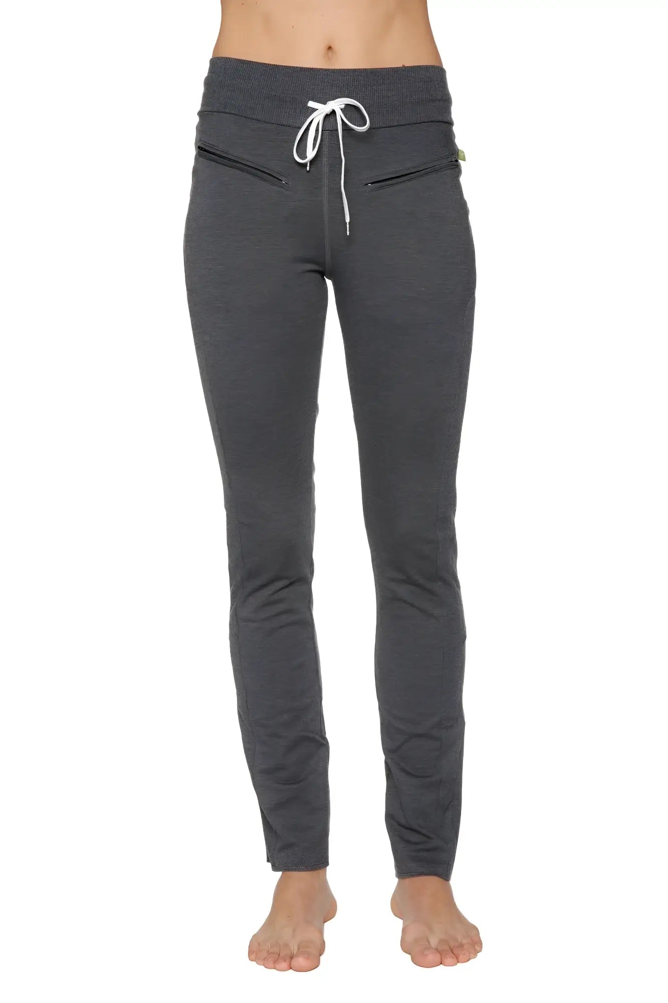 Women’s organic boyfriend yoga training pant in dark gray soft fabric with white drawstring and front zippered pockets