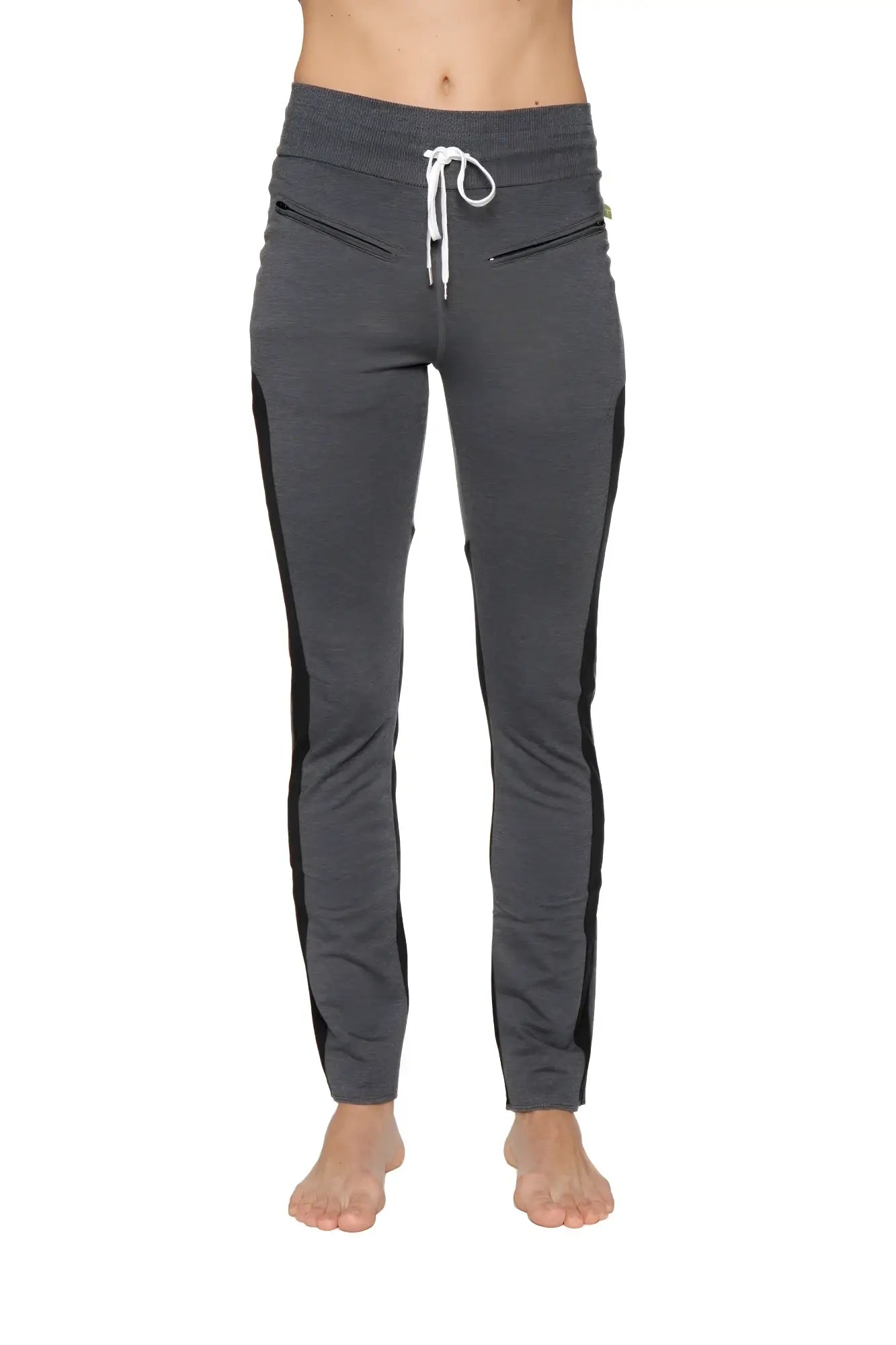 Women’s organic boyfriend yoga training pant in gray with black side stripes and white drawstring waistband