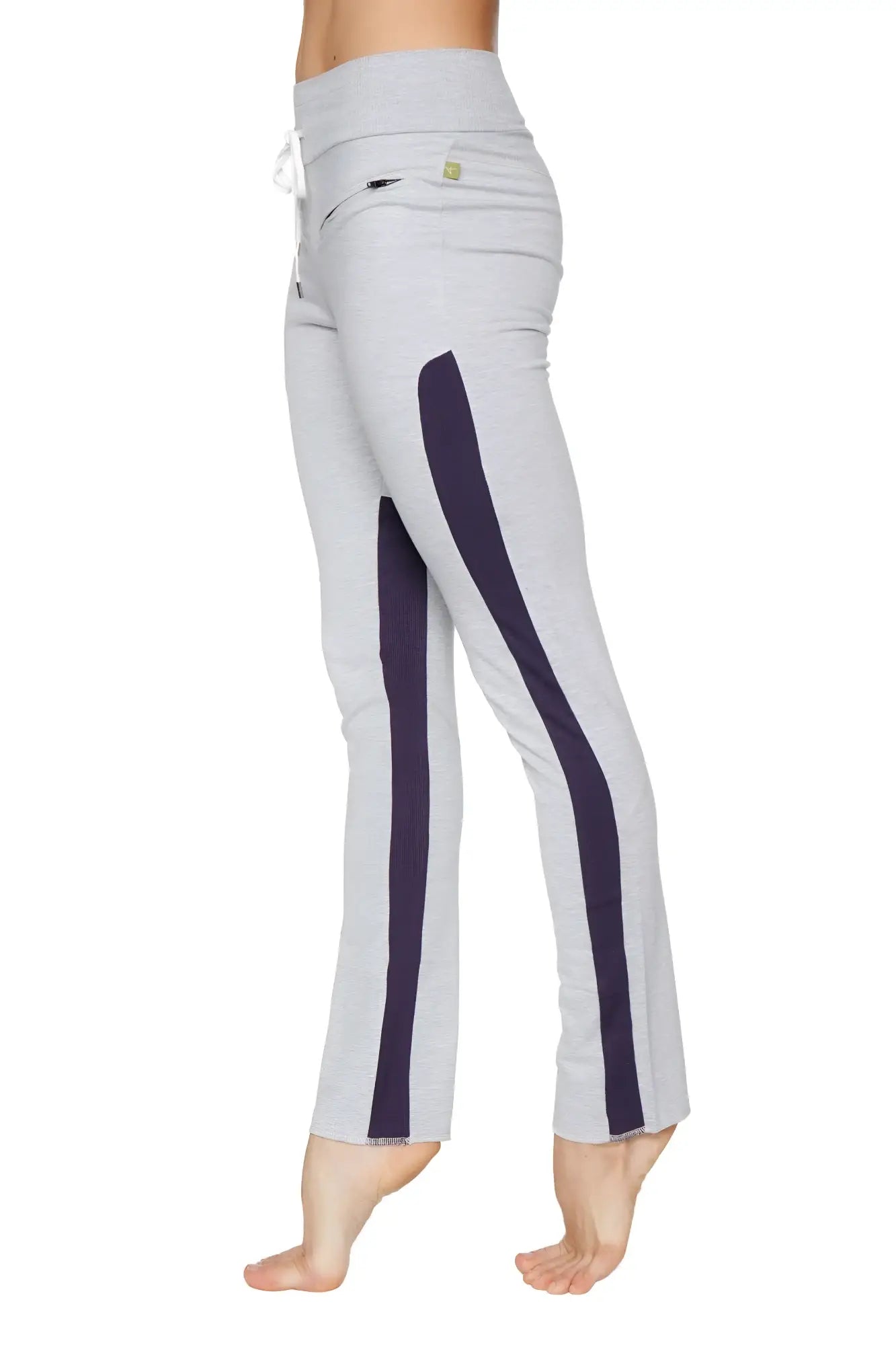 Women’s organic boyfriend yoga training pant in gray and navy with high waist side pockets and drawstring detailing