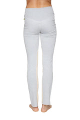Women’s organic boyfriend yoga training pant in light gray with subtle vertical seam detail on the outer leg