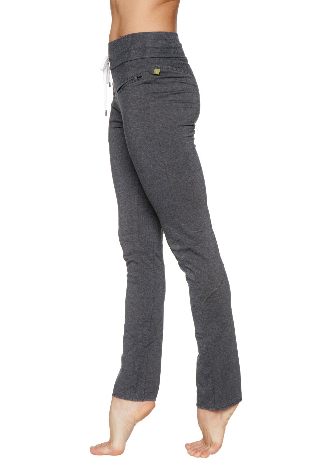 Dark gray high-waisted organic cotton women’s boyfriend yoga training pants with white drawstring and green brand tag
