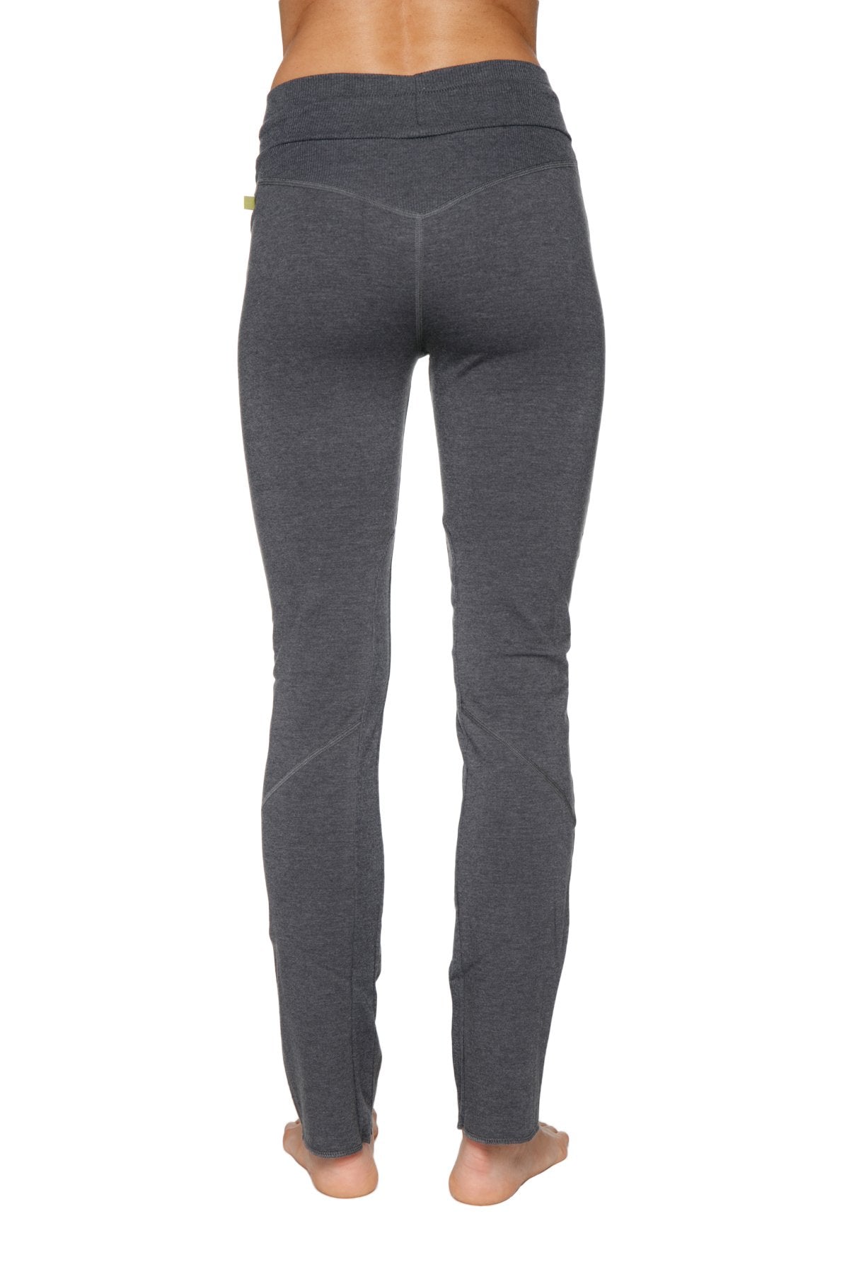 Dark gray high waisted women’s organic boyfriend yoga training pants with subtle heathered texture and side seam detailing