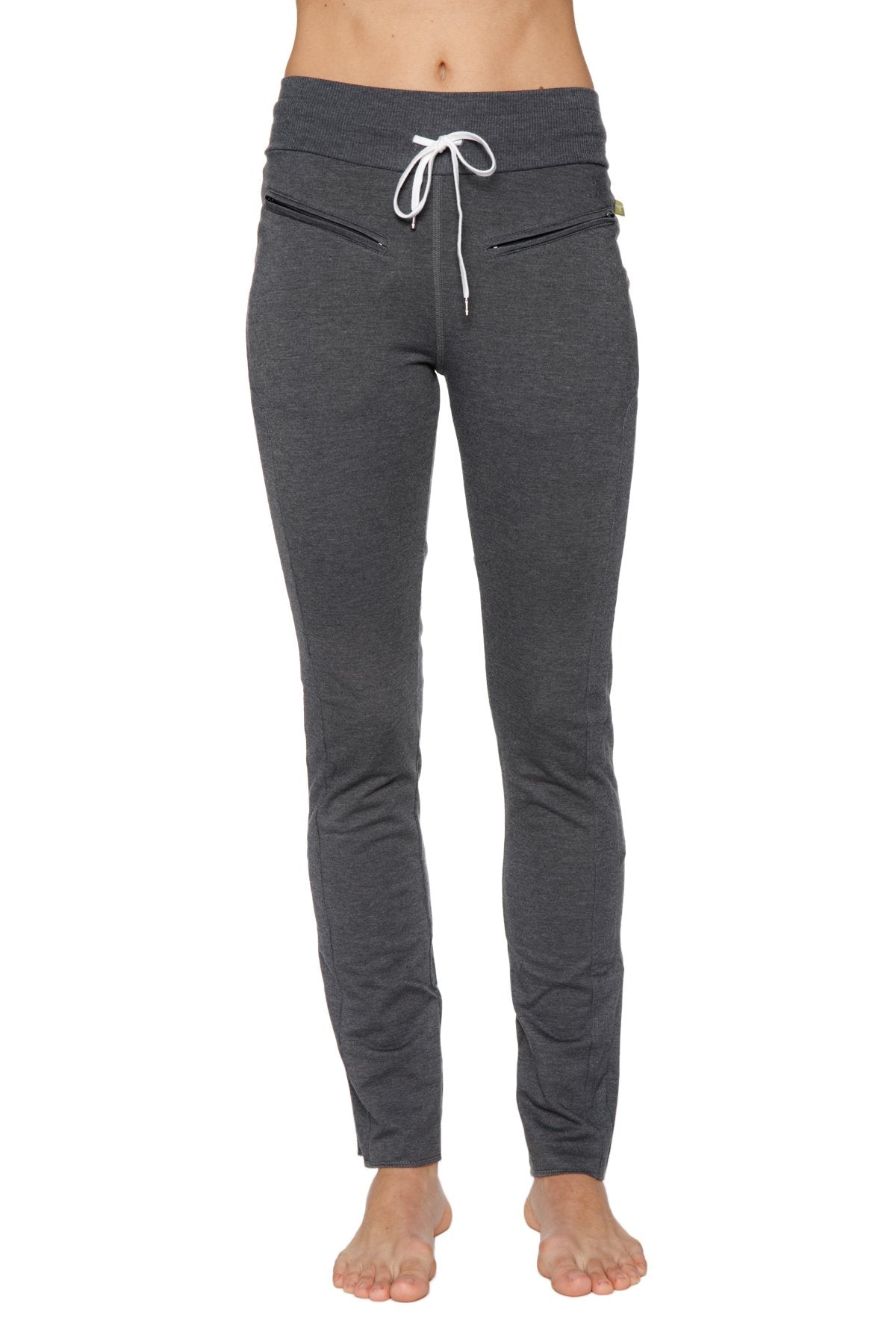 Women’s organic boyfriend yoga training pant in dark gray soft fabric with white drawstring and front zippered pockets