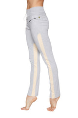 Women’s organic boyfriend yoga training pant in light gray with cream vertical stripes and white drawstring waistband