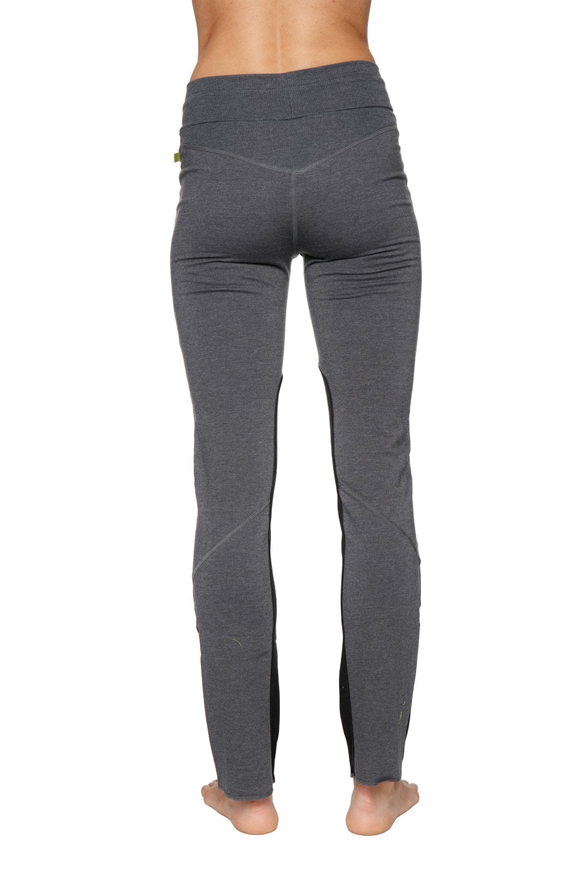 Women’s organic boyfriend yoga training pant in dark gray with textured fabric and black side panels
