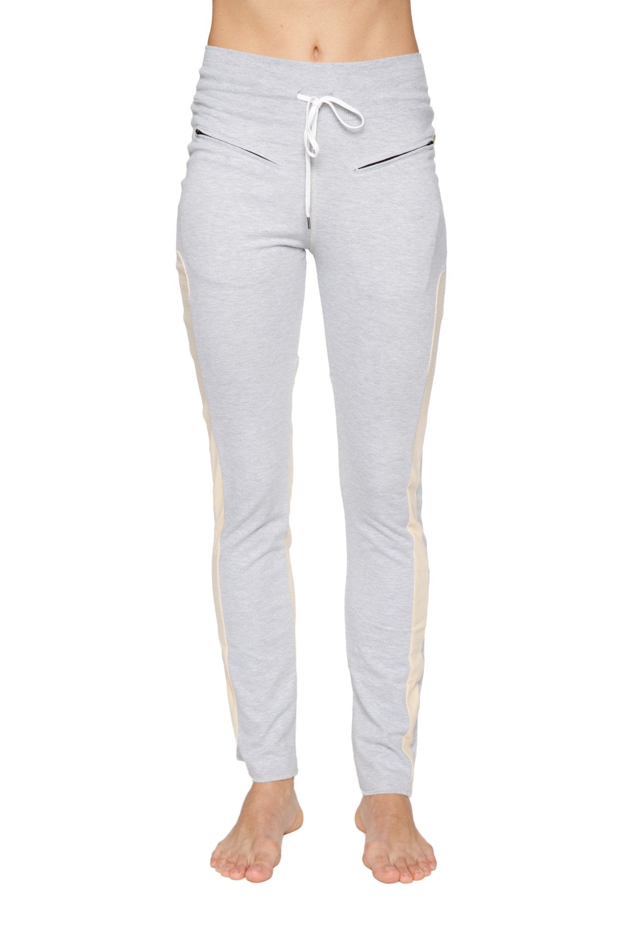 Women’s organic boyfriend yoga training pant in light gray with cream side stripes and white drawstring waistband