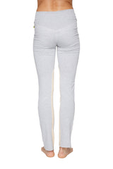 Women’s organic boyfriend yoga training pant in light gray with subtle vertical seam detail on the outer leg