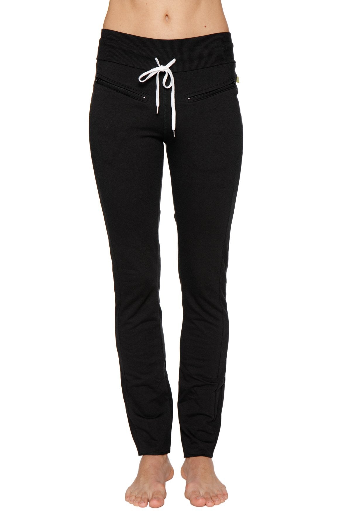 Women’s organic boyfriend yoga training pant in black high waisted with white drawstring ties at the waist