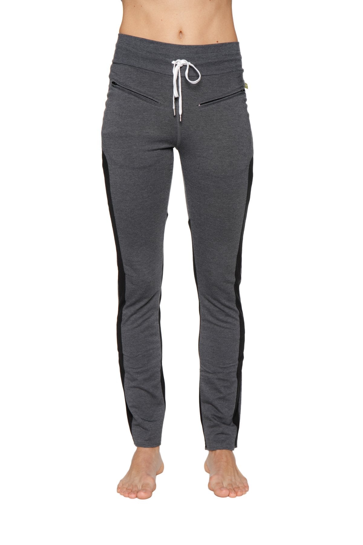 Women’s organic boyfriend yoga training pant in gray with black side stripes and white drawstring waistband