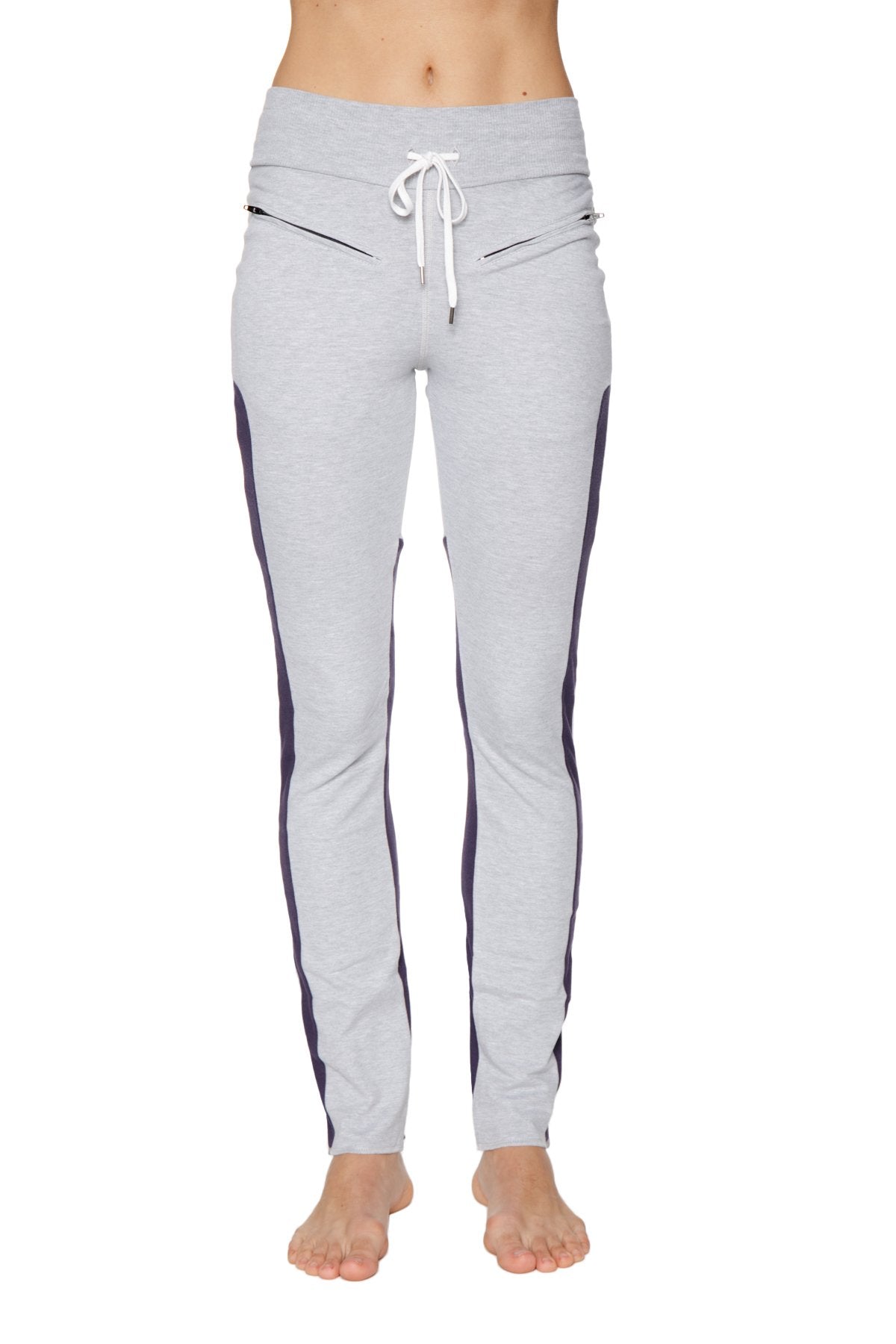 Women’s organic boyfriend yoga training pant in gray with black side stripes and white drawstring waistband