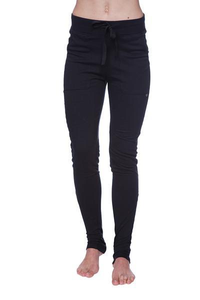 Black women’s performance yoga pant with high-waisted drawstring and smooth stretchy fabric front view
