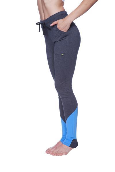Women’s performance yoga pant in dark gray and bright blue with drawstring waistband for athletic use