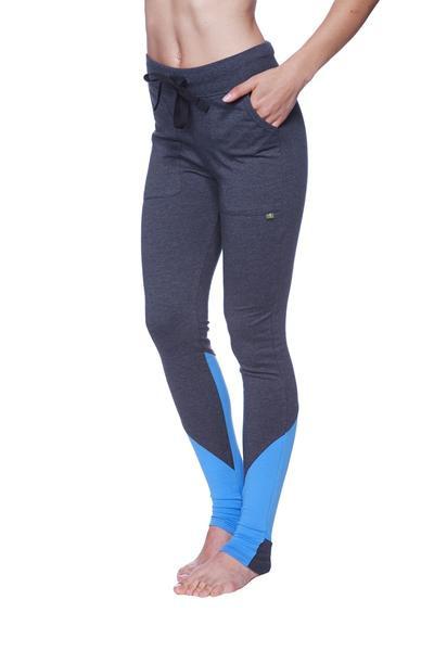 Women’s performance yoga pant in dark gray and bright blue with drawstring waistband and side pockets for athletic use