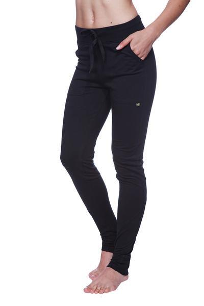 Black high-waisted women’s performance yoga pant with drawstring waistband and side pockets for activewear use
