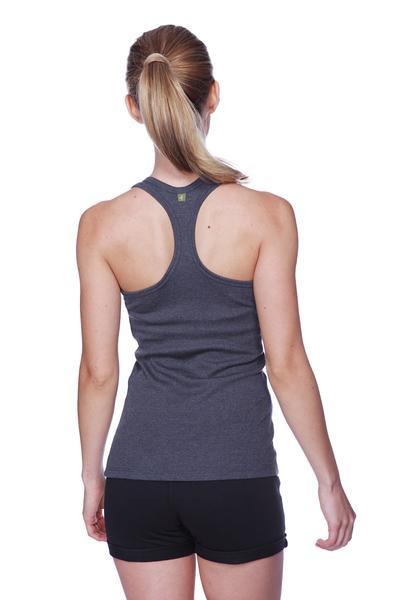 Dark gray heathered racerback tank top with small green logo at neckline for women’s performance yoga shorts