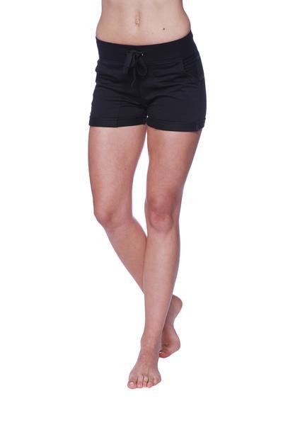 Women’s performance yoga shorts in black with a relaxed fit and side pockets for comfortable active wear